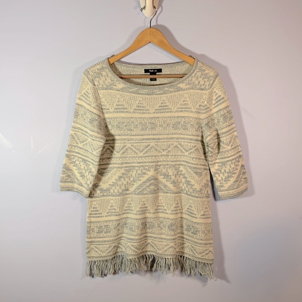 Style & Co blue white Aztec fringe 3/4 sleeve sweater NWT Size medium cotton